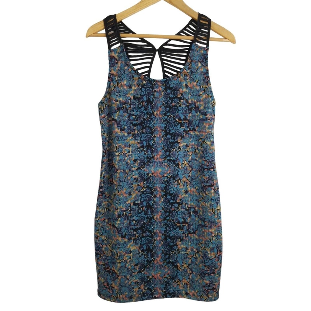 Free People Digital Damsel Dress Neon Glow Y2K Blue Pixel Floral Mini Medium M